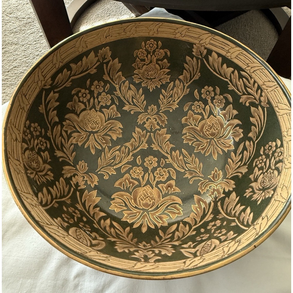 Chinese Black and Gold Tapestry Motif Porcelain Bowl 12"‎ Diameter